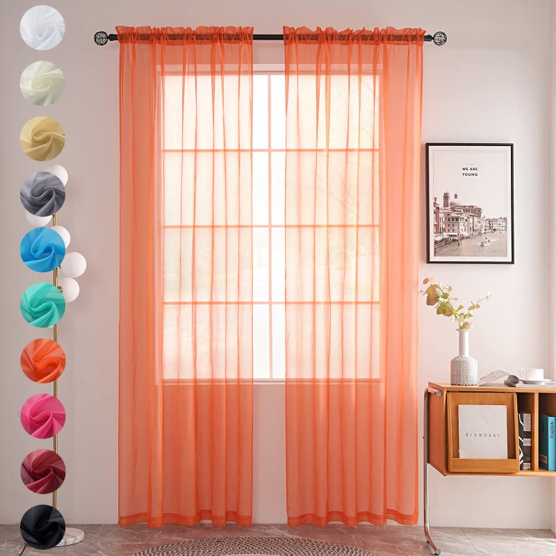 youleyar Solid Sheer Rod Pocket Curtain Voile Draperies 2 Panels White Beige Black Grey Coffee 52 Inch Width 96 Inch Long 1 Pair for Kitchen Bedroom Children Living Room Yard (Orange Red,52Wx96L) - Image 1